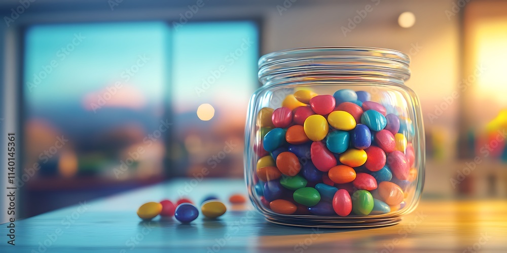A glass jar filled with colorful candies A glass jar filled with colorful candies