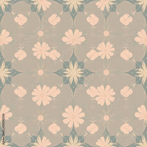 Floral Mosaic: A delicate pattern of blush pink flowers with a teal and beige geometric background. This seamless design exudes a sense of tranquility and serenity.
