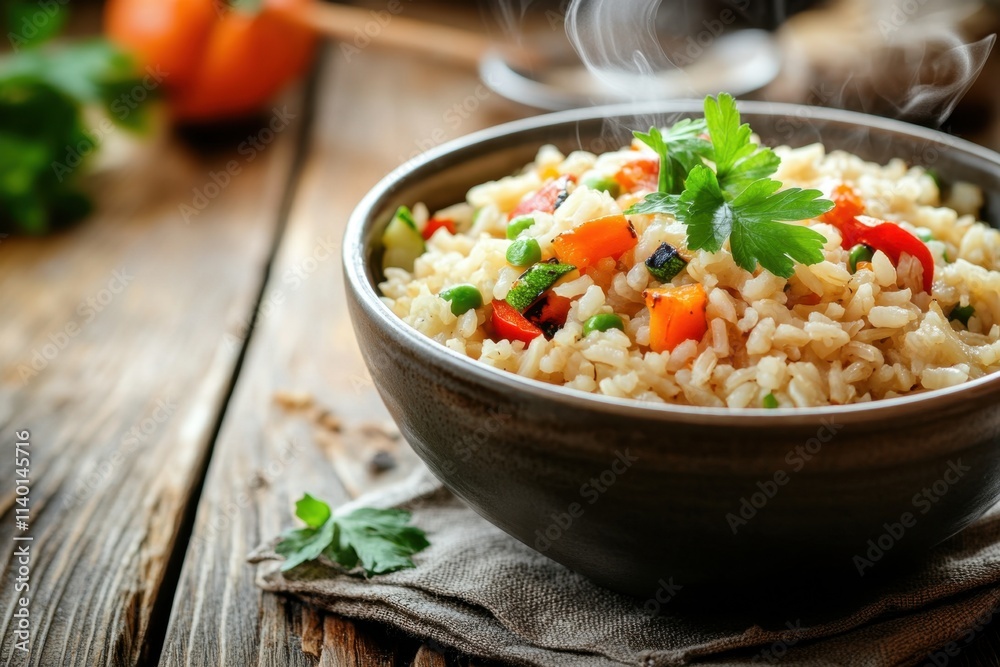 Delicious bowl of steaming brown rice with fresh vegetables cozy kitchen food photography warm atmosphere close-up healthy eating concept Delicious bowl of steaming brown rice with fresh vegetables cozy kitchen food photography warm atmosphere close-up healthy eating concept