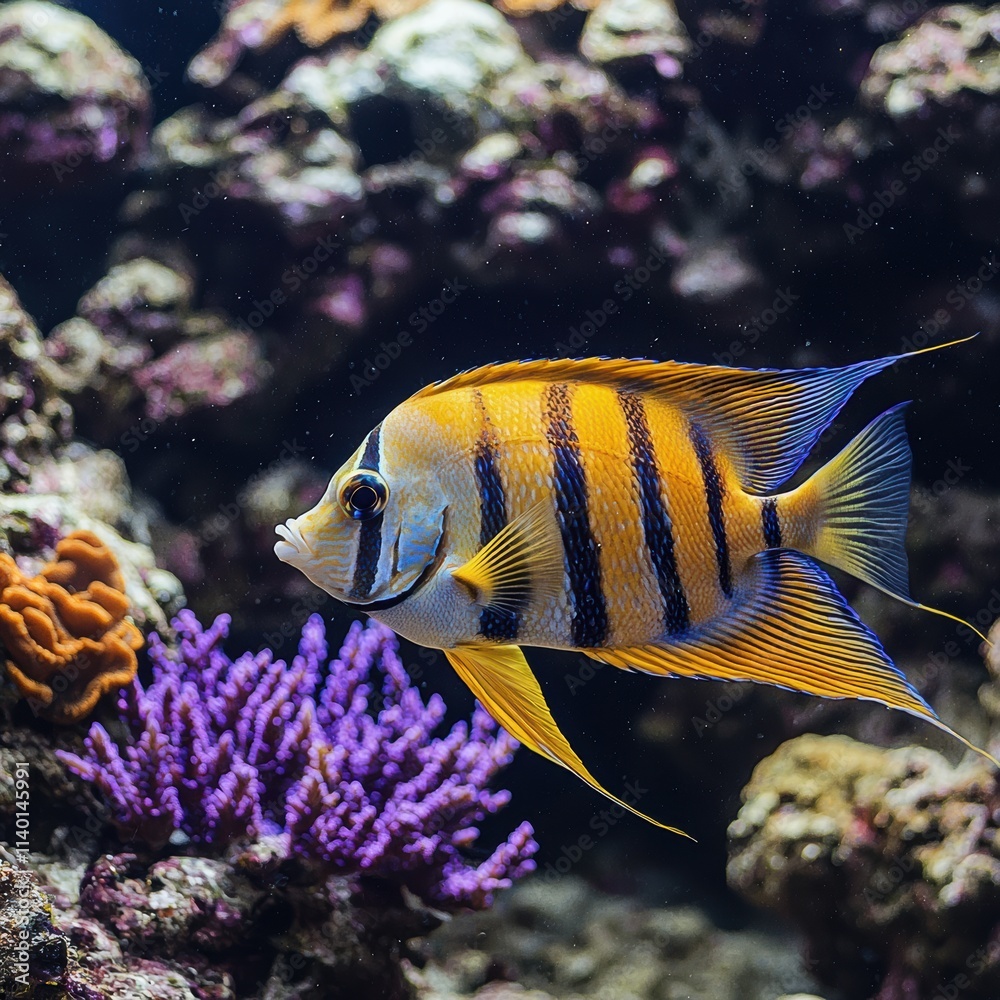 Fototapeta premium Colorful tropical fish swimming in a coral reef underwater scene