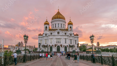 Majestic orthodox Cathedral of Christ Saviour with sunset Timelapse, Russia