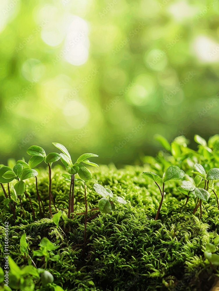 Fresh Green Plants Growing on Mossy Ground Amidst Soft Natural Background Light