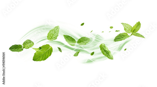 Green air swirl effect with flying mint leaves isolated on a transparent or white background