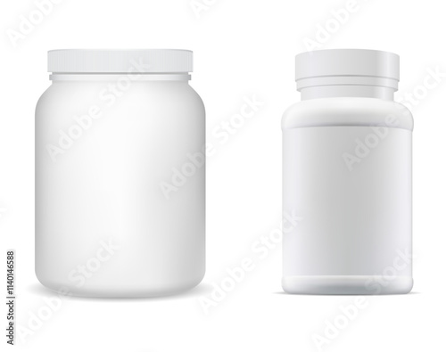 Medical pill bottle white plastic sport supplement jar vector mockup. Pharmacy drug can illustration, realistic medicament remedy pack. Vitamin capsule bottle with protein powder jar