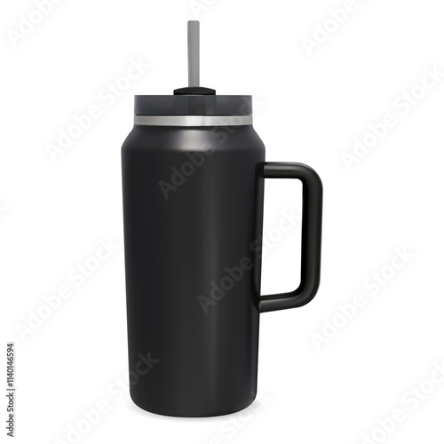 Black plastic travel mug thermo cup with handle vector mockup. Portable aluminum traveler flask. Vacuum thermal tumbler for hot coffee or tea drink, black matte metallic illustration