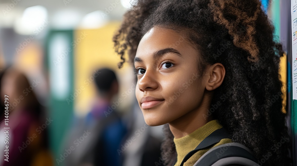 A young Black woman with curly hair smiles subtly as she looks off to the side in a hallway. A young Black woman with curly hair smiles subtly as she looks off to the side in a hallway.