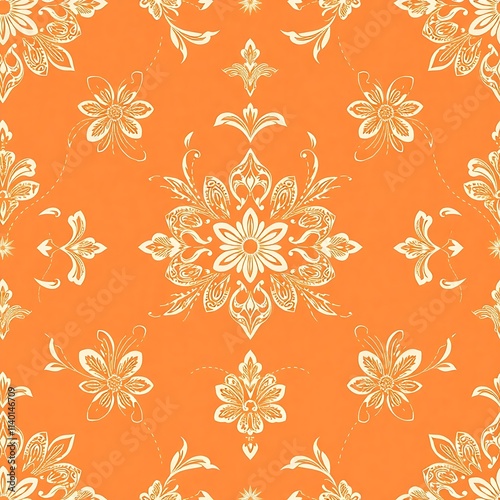 Orange Floral Damask Pattern: Elegant and vibrant seamless pattern featuring a classic damask design in off-white on a rich orange background. Perfect for textile design, wallpaper.