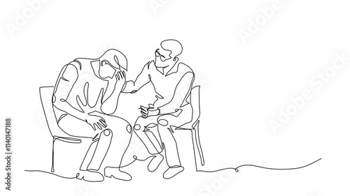 ptsd therapy, post-traumatic stress disorder treatment animated illustration.Veteran, soldier and psychotherapist. One continuous line art, self drawing footage