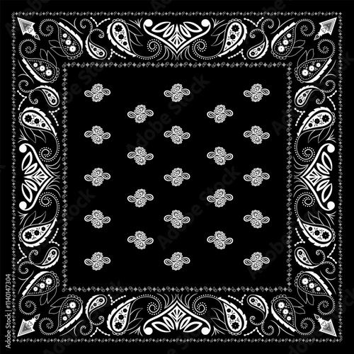 Bandana paisley square ethnic floral hand drawn pattern.Ornament classic vintage vector elements white on black background.Design for scarf,headscarf,kerchief,hijab,tablecloth,print fabric,decoration.