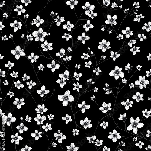 Delicate Blossom on Black: A seamless pattern of delicate white cherry blossoms blooming on slender branches against a rich black background.  
