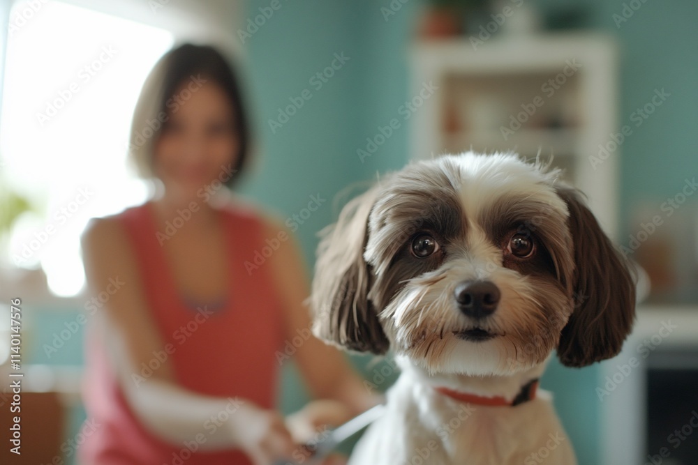 A dog being groomed by a person in a cozy indoor setting. A dog being groomed by a person in a cozy indoor setting.