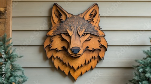 Layered wooden wolf head wall art on siding. photo