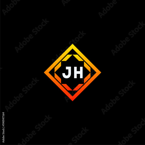 Free Download JH initials dynamic geometric logo design features a bold lettering sign in an orange and black color scheme, displayed against a dark background - GFXLoad