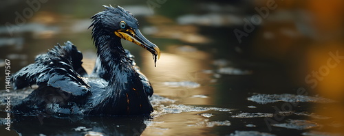 Eco Disaster. Oil spill. Cormorant seabird stained with oil.
