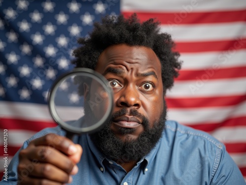 Conspiracy theory, man surprisedly examines something closely with a magnifying glass while standing before an American flag inside a building photo