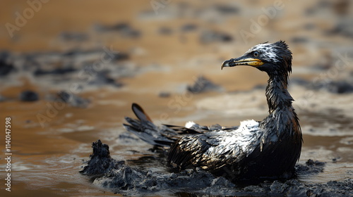 Eco Disaster. Oil spill. Cormorant seabird stained with oil.
