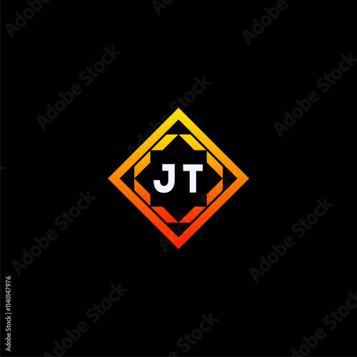 JT initials dynamic geometric logo design features a bold lettering sign in an orange and black color scheme, displayed against a dark background