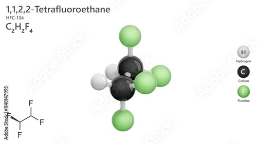 HFC-134 or 1,1,2,2-Tetrafluoroethane. Greenhouse gas. Animated 3D model of a molecule. Molecular formula: C2H2F4. Chemical model: Ball and stick. White background. 3D rendering. Seamless loop. photo