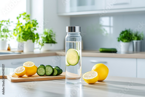 A Clean and Minimal Kitchen Counter with a Glass of Water. photo