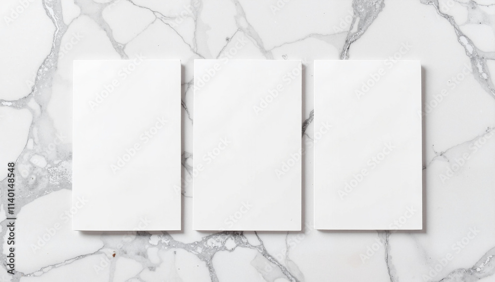 Three blank white cards on marble background for design and stationery with copy space Three blank white cards on marble background for design and stationery with copy space