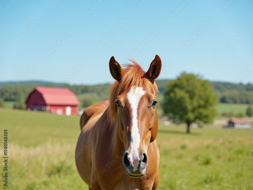 A beautiful chestnut horse stands in a green pasture under a clear blue sky with a red barn in the background near a peaceful countryside setting during midday A beautiful chestnut horse stands in a green pasture under a clear blue sky with a red barn in the background near a peaceful countryside setting during midday