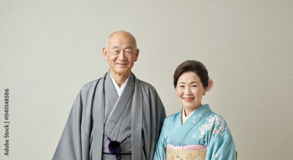 Elderly asian couple in traditional japanese kimono attire for cultural celebration and heritage appreciation