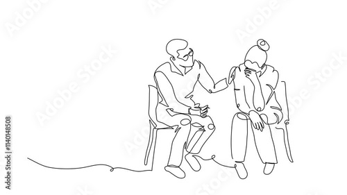 ptsd therapy, post-traumatic stress disorder treatment animated illustration. Female veteran, soldier and psychotherapist. One continuous line art drawing footage