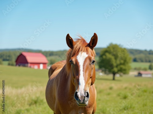 A beautiful chestnut horse stands in a green pasture under a clear blue sky with a red barn in the background near a peaceful countryside setting during midday