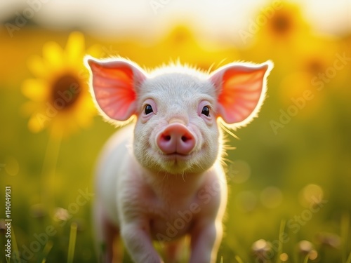 A playful piglet trots through a lively field filled with bright sunflowers, basking in the warm sunlight on a scenic farm. The atmosphere is cheerful and vibrant