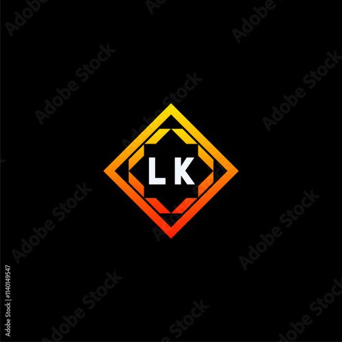 LK initials dynamic geometric logo design features a bold lettering sign in an orange and black color scheme, displayed against a dark background