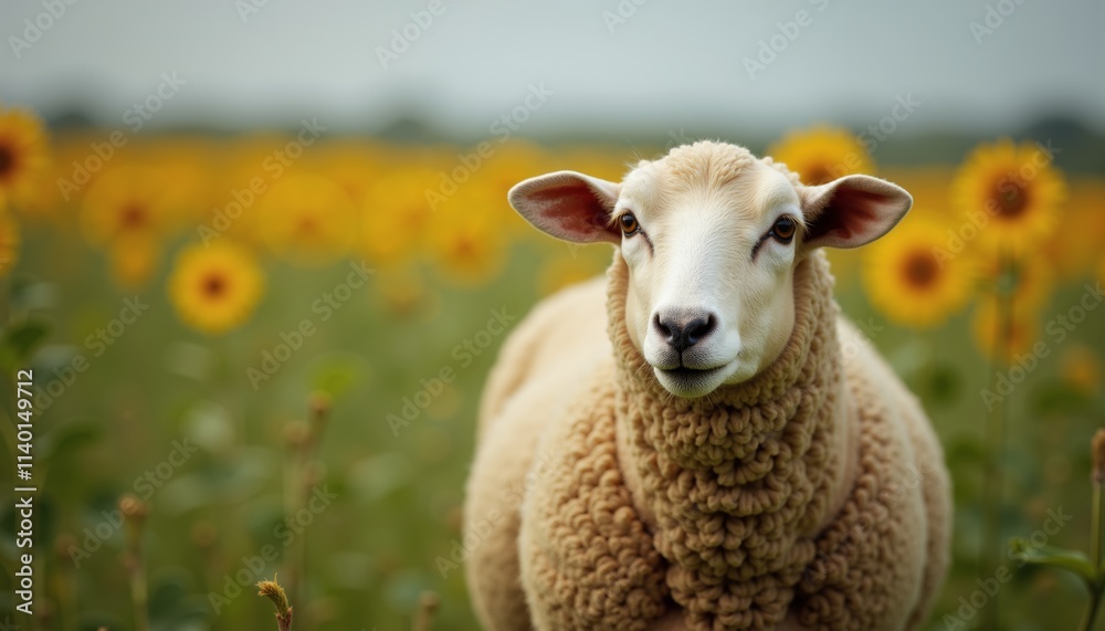 A sheep stands calmly in a bright field filled with blooming sunflowers. The golden flowers create a cheerful backdrop, enhancing the tranquil rural setting A sheep stands calmly in a bright field filled with blooming sunflowers. The golden flowers create a cheerful backdrop, enhancing the tranquil rural setting