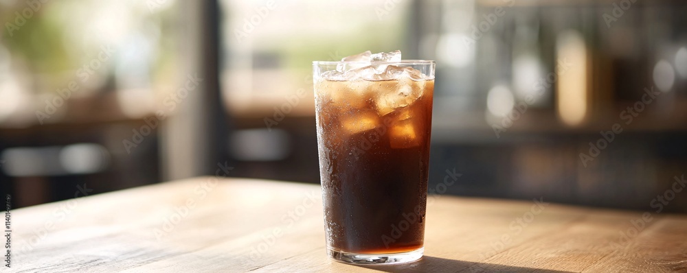 Refreshing iced coffee sitting on wooden table in cafe Refreshing iced coffee sitting on wooden table in cafe