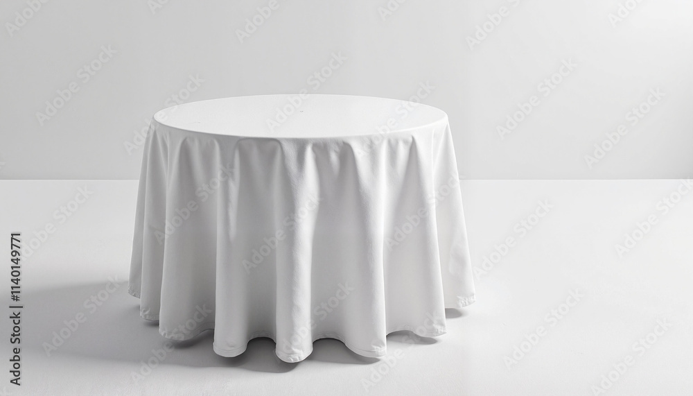 Round white table covered with a smooth tablecloth in an empty room and copy space Round white table covered with a smooth tablecloth in an empty room and copy space
