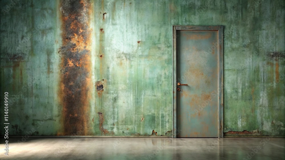 Rustic Green Wall with Aged Metal Door and Polished Concrete Floor A Moody Interior Design Background Rustic Green Wall with Aged Metal Door and Polished Concrete Floor A Moody Interior Design Background