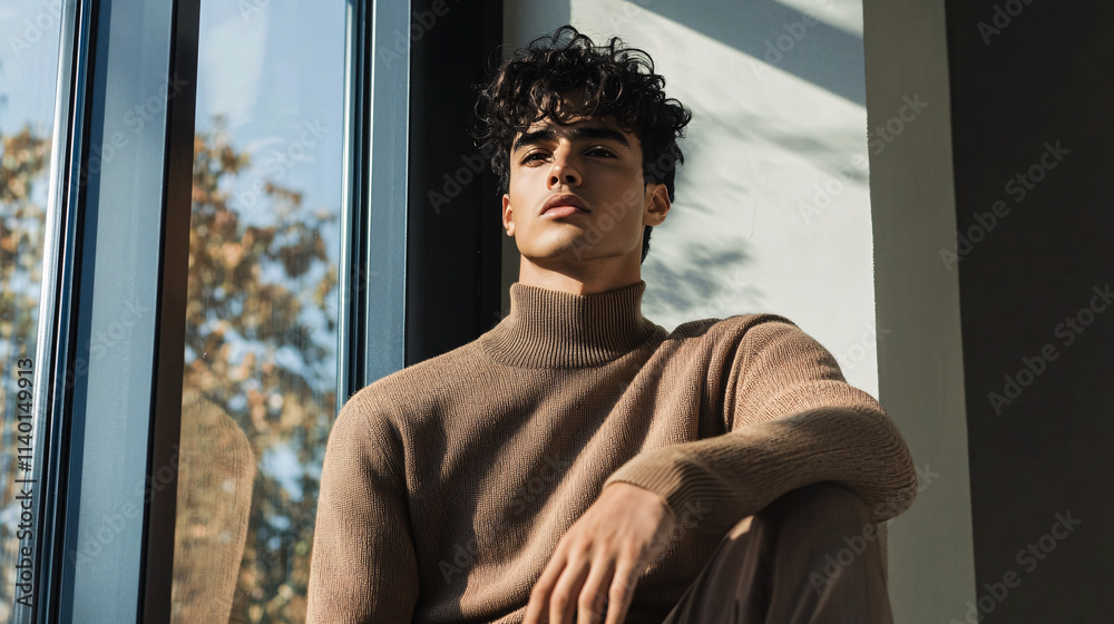 Hispanic male dressed in a turtleneck, gazing thoughtfully by a sunlit window with soft shadows enhancing his features Hispanic male dressed in a turtleneck, gazing thoughtfully by a sunlit window with soft shadows enhancing his features