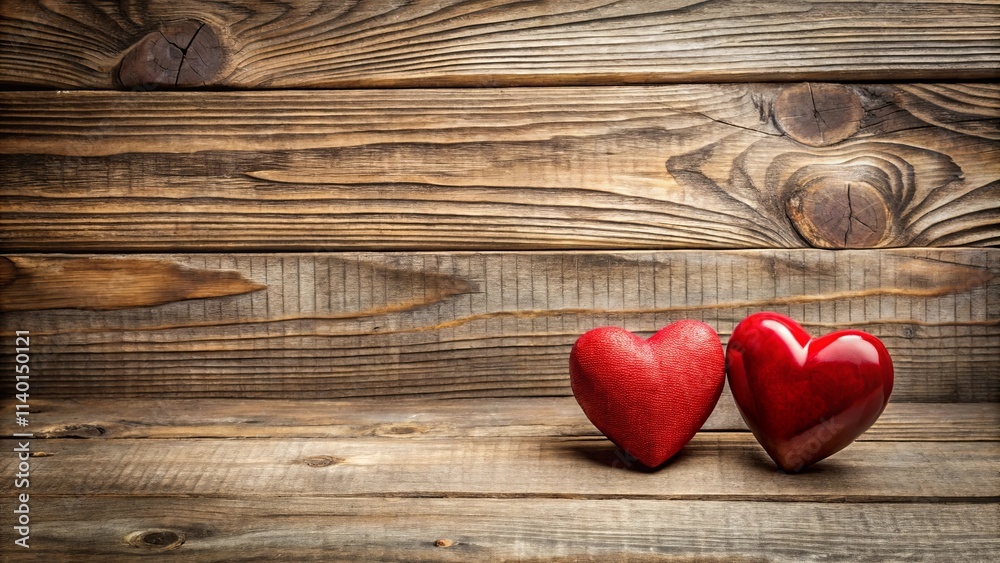 Two red hearts rest gently on weathered wood planks. A rustic backdrop for romantic declarations. Two red hearts rest gently on weathered wood planks. A rustic backdrop for romantic declarations.