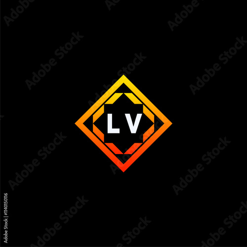 Free Download LV initials dynamic geometric logo design features a bold lettering sign in an orange and black color scheme, displayed against a dark background - GFXLoad