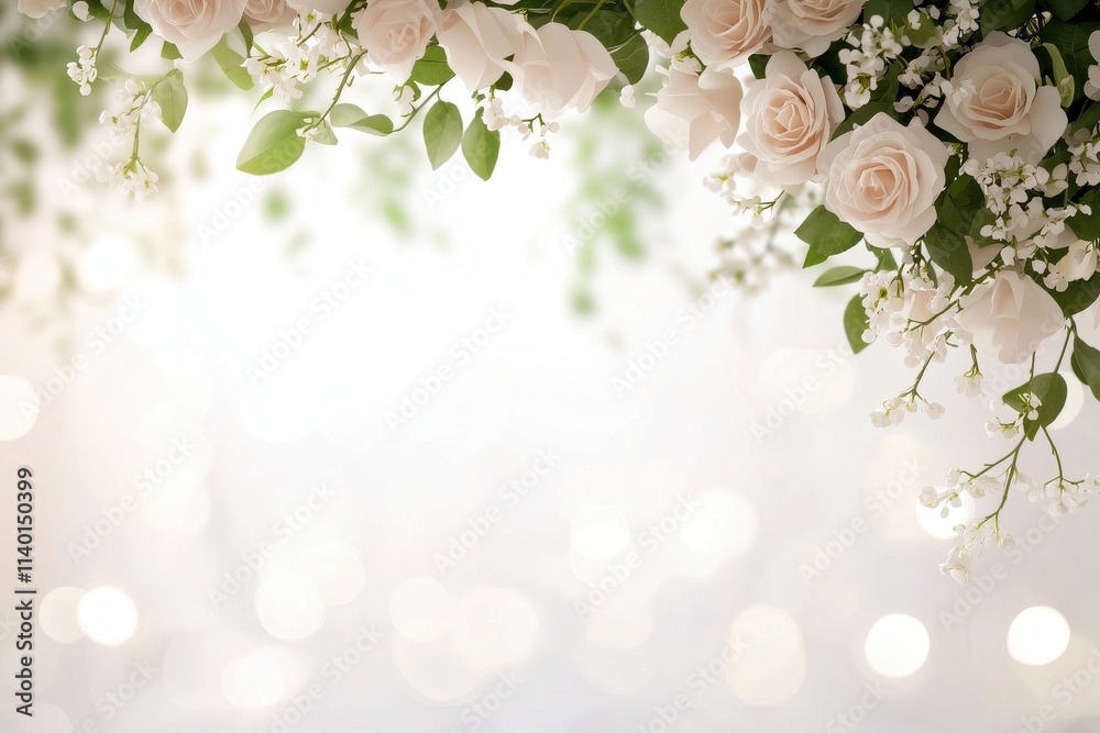 Fototapeta premium Joyful wedding venue floral archway with pink roses & ribbons