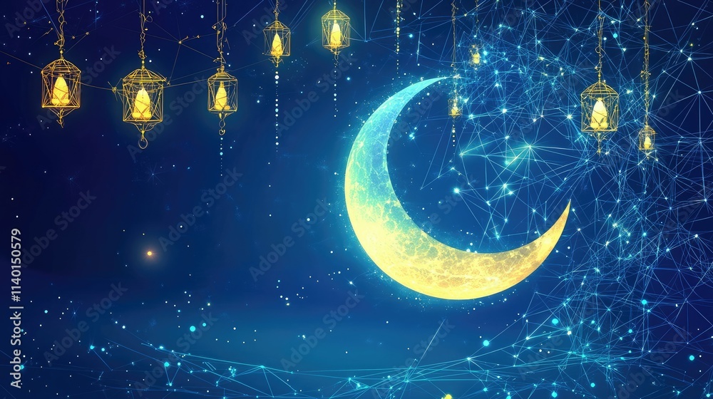 Glowing crescent moon and lanterns in night sky. Glowing crescent moon and lanterns in night sky.