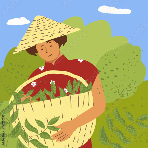 Hand drawn flat matcha tea illustration with a woman collecting tea