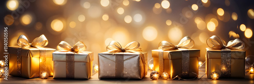 Small Christmas gifts wrapped in shiny paper, positioned across a panoramic background in glittering gold, hints of festive evergreens gently dusted with snow, soft warm ambient lighting caressing 