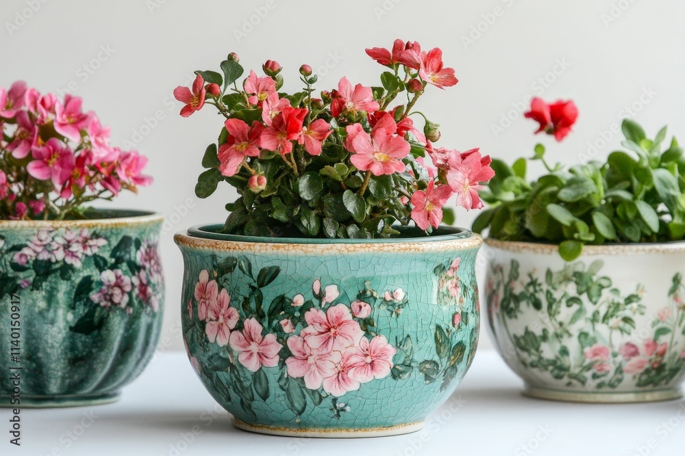 Pink flowers in ornate floral pots. Pink flowers in ornate floral pots.