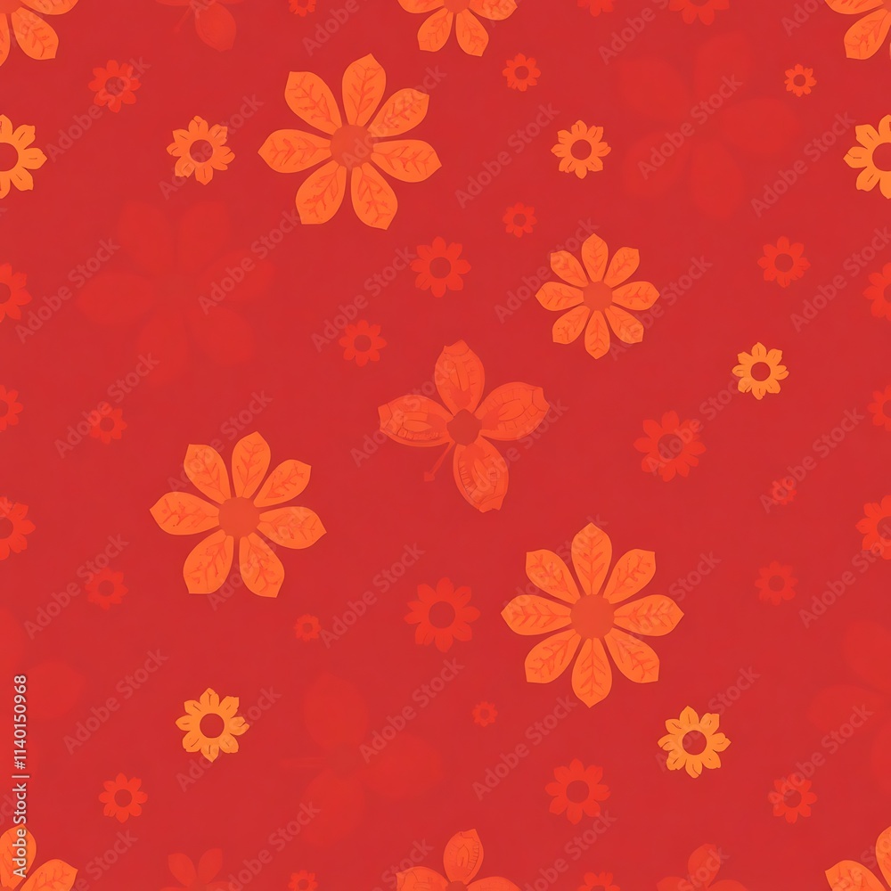Obraz premium Red Floral Pattern: A vibrant and cheerful seamless pattern featuring stylized orange flowers on a rich red background. Perfect for textile design, wallpaper, and other creative projects.