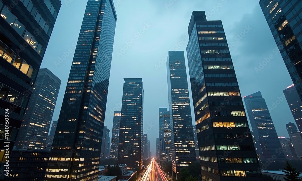 Obraz premium Modern skyscrapers glass facades reflective surfaces urban architecture