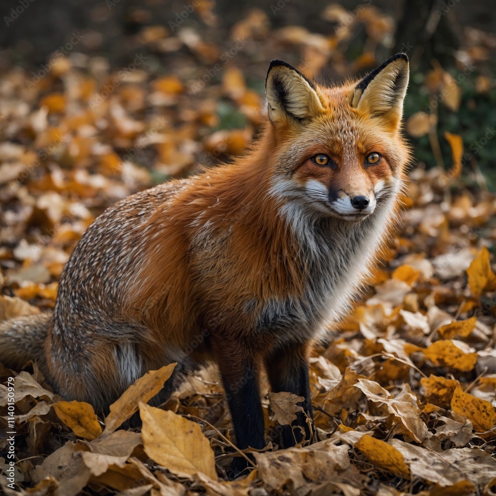 Fototapeta premium A fox with bright eyes peering through the autumn leaves.