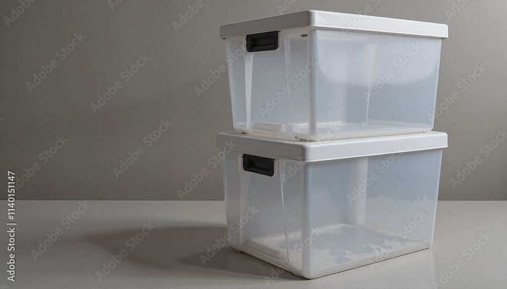 Two stacked clear plastic storage bins with lids on gray background for organization Two stacked clear plastic storage bins with lids on gray background for organization
