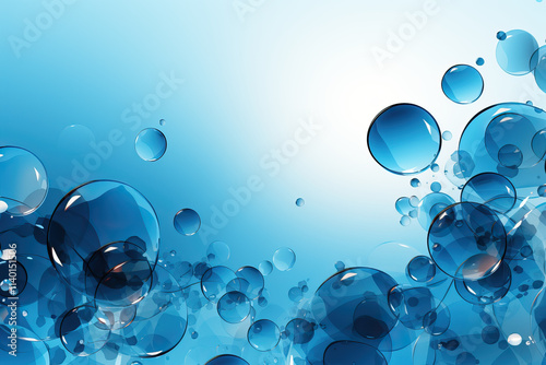 Numerous translucent blue bubbles of varying sizes float against a soft gradient blue backdrop, creating a refreshing and airy visual.