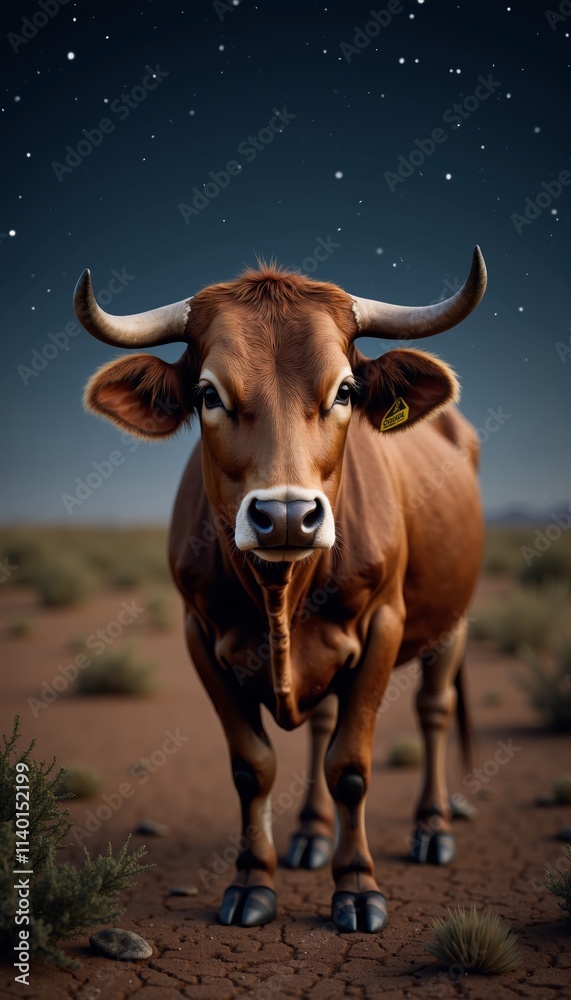 Mysterious cow stands under a starry night sky in an expansive desert landscape with gentle hills in the background Mysterious cow stands under a starry night sky in an expansive desert landscape with gentle hills in the background