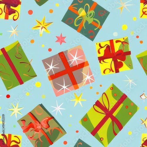 Festive gift boxes and stars seamless pattern.