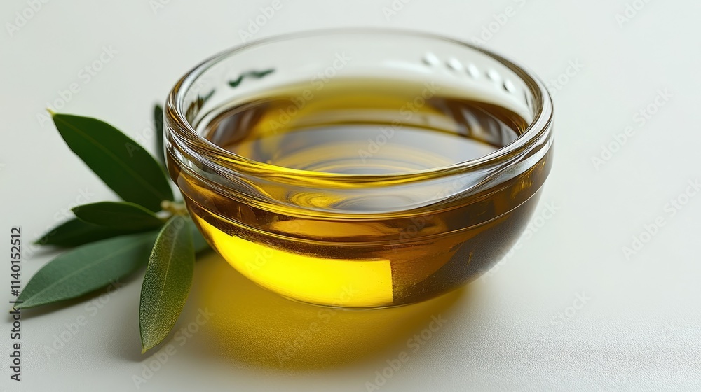 Golden olive oil in glass bowl with fresh leaves. Golden olive oil in glass bowl with fresh leaves.